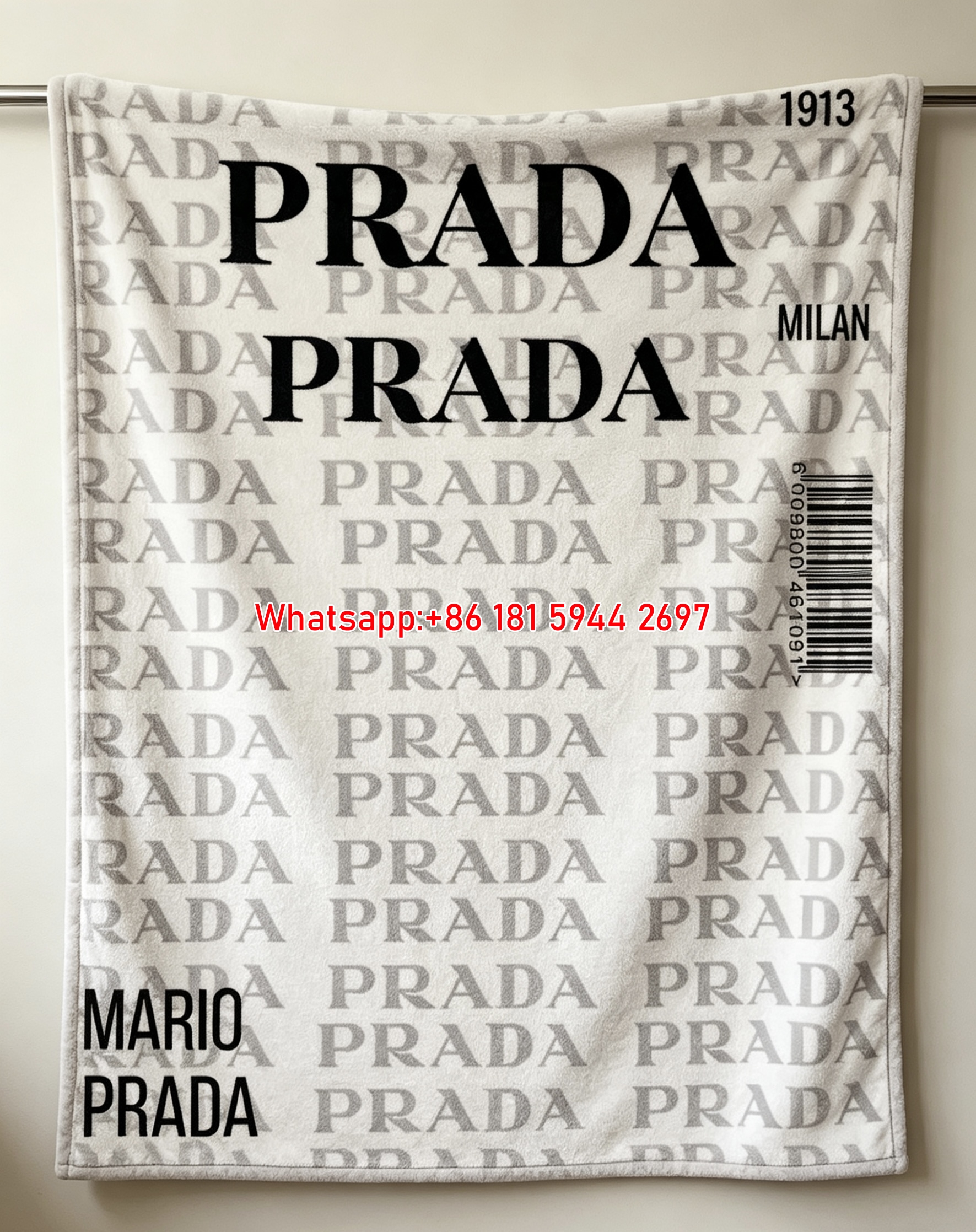 Prada White and Grey All Over Logo Print Flannel Throw Blanket IMG_2795